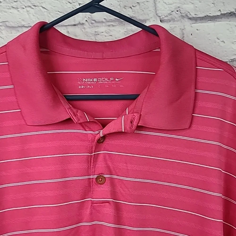 Nike Golf Men's XXL Dri-Fit Tech Core Stripe Polo Shirt Coral Pink Jersey Top